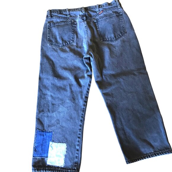 Upcycled Patchwork Long Jean Shorts: Denim Patched Hippie Pants, Waist Size 35 - Picture 2 of 9